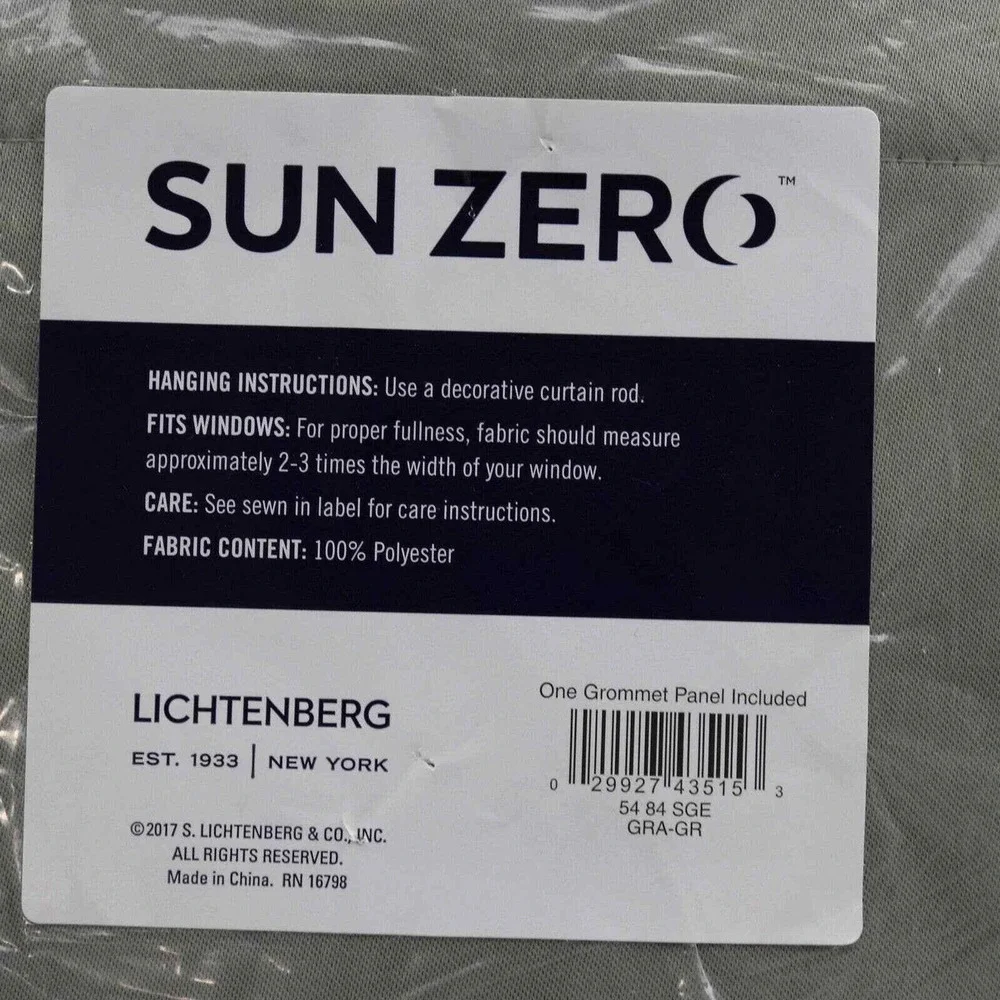 Sun Zero Sage Green Grommet Curtain Panel 54 x 84 SGE GRA-GR Blackout NEW